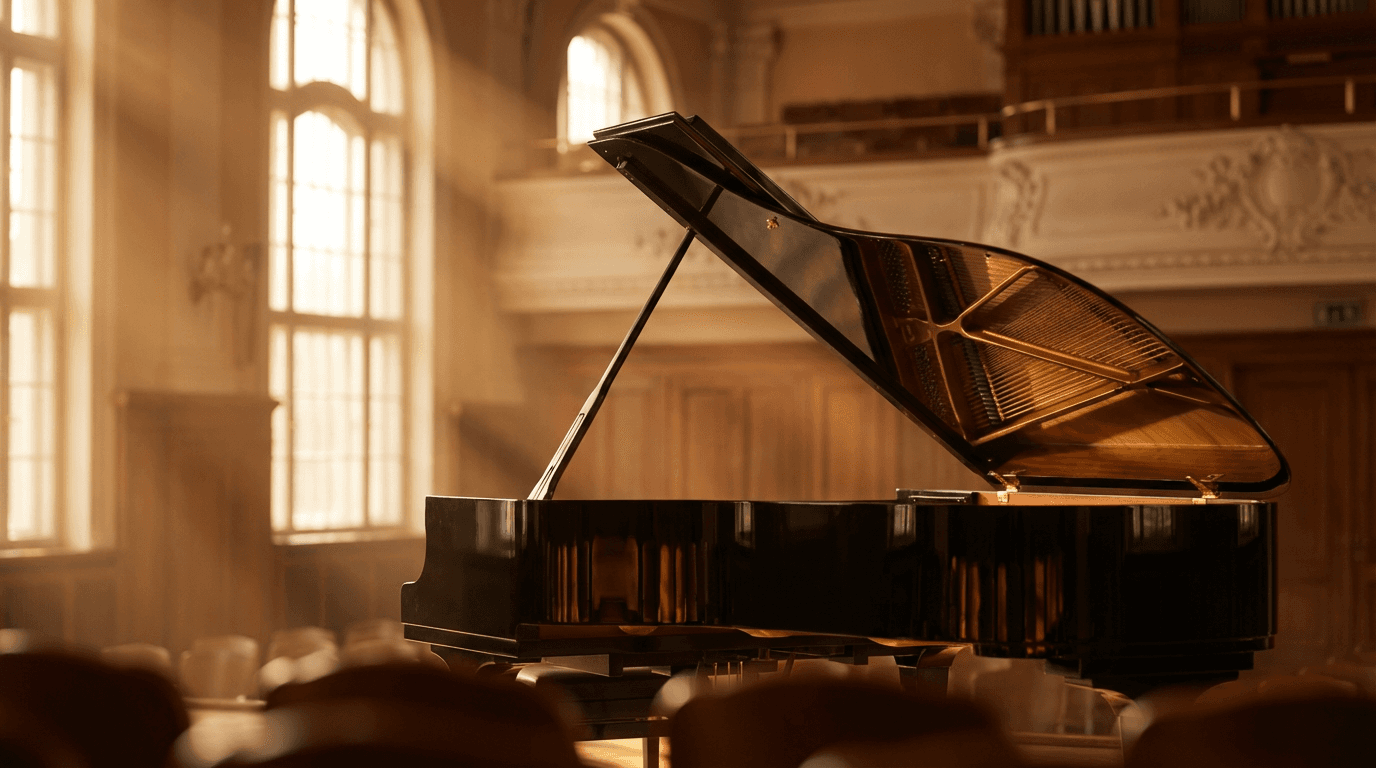Grand piano in sunlit concert hall with golden light rays, warm wood tones, and soft bokeh ambiance.